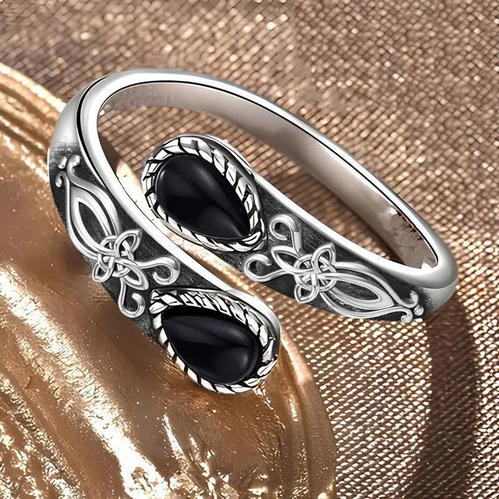S925 Silver Two Stone Bypass Open Ring Moonstone Onyx Vintage Carved Adjustable Ring