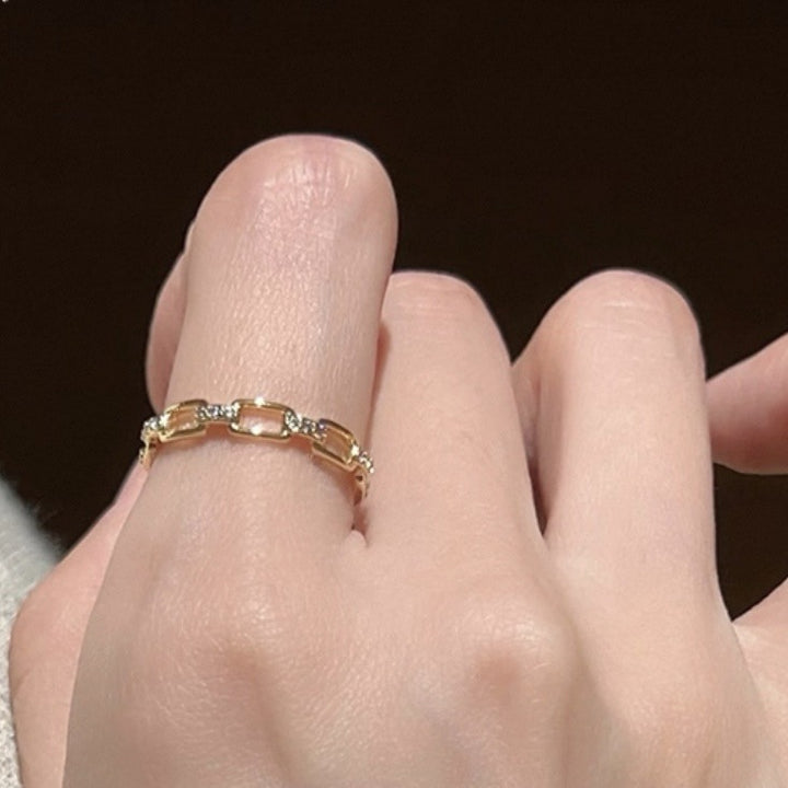 Crystal Paperclip Chain Open Ring Adjustable Stackable Band for Women