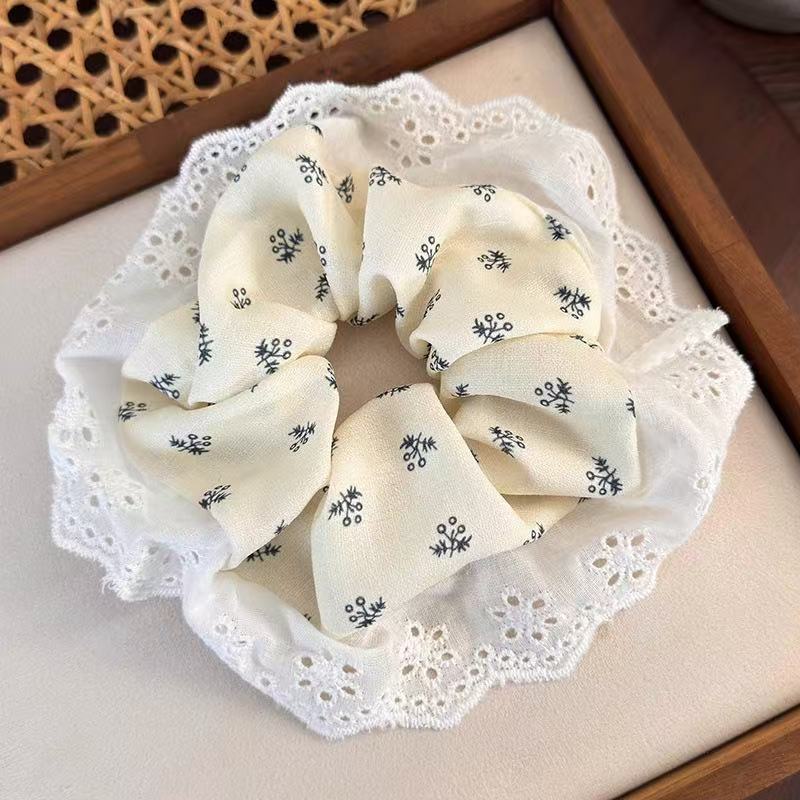Cream Floral Lace Scrunchie Set Blue Trim Hair Ties