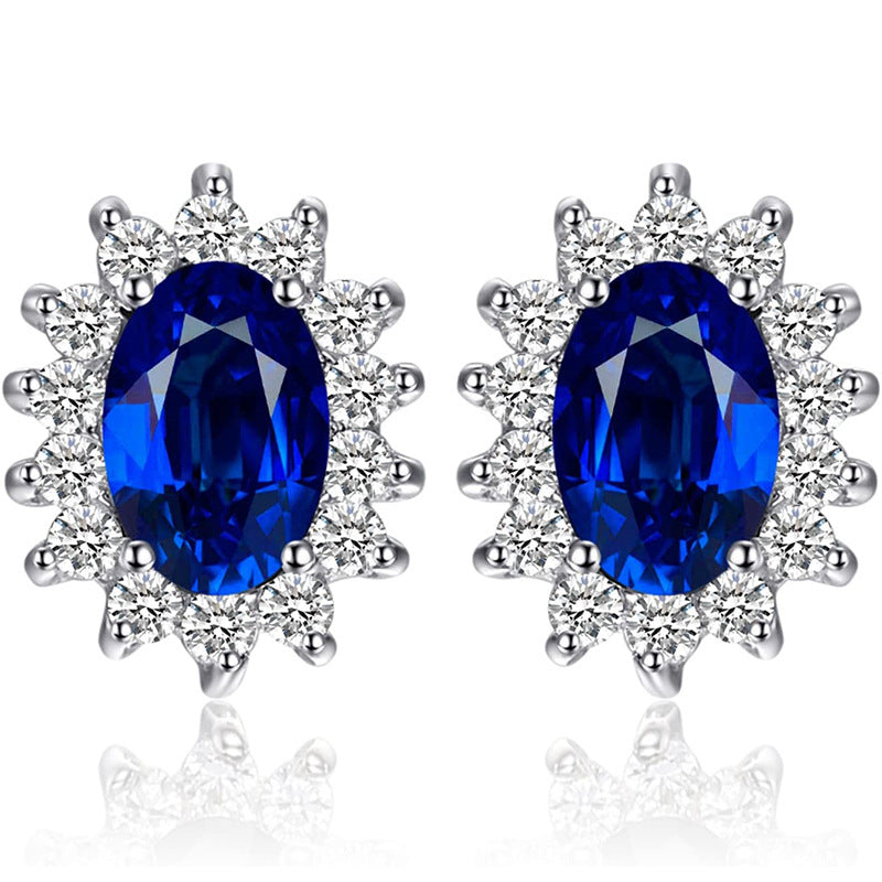 Sterling Silver Diamond AccentOval Blue Sapphire Halo Stud Earrings