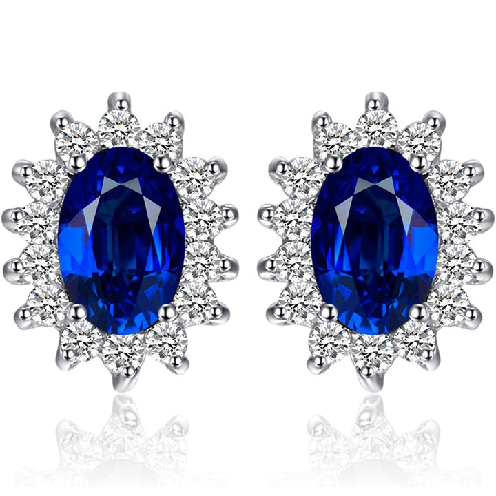 Sterling Silver Diamond AccentOval Blue Sapphire Halo Stud Earrings