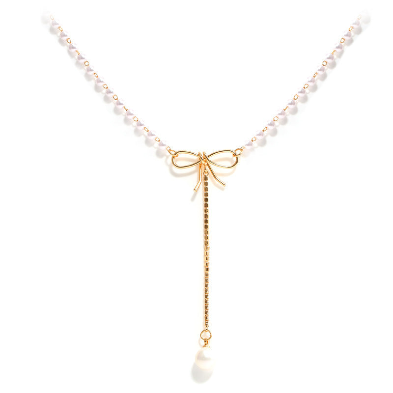 Bow Pearl Choker Necklace, Delicate Tassel Pearl Pendant Minimalist Clavicle Chain for Women