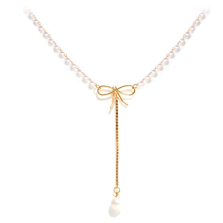 Bow Pearl Choker Necklace, Delicate Tassel Pearl Pendant Minimalist Clavicle Chain for Women