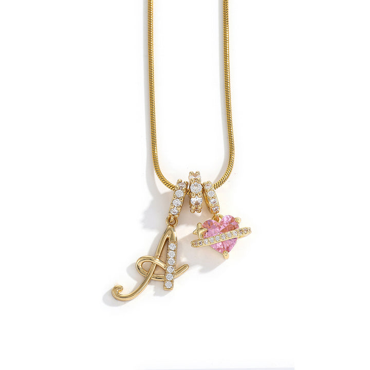 26 Letters & Pink Heart Planet Pendant Necklace Personalized Diamond Snake Chain Necklace for Women