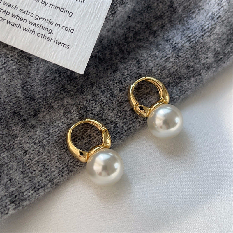 Minimalist Round Pearl Huggie Earrings Sterling Silver