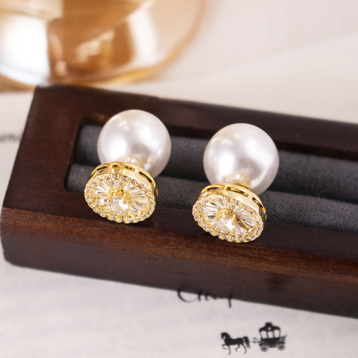 S925 Sterling Silver Double Sided Pearl Stud Earrings With Diamond For Women
