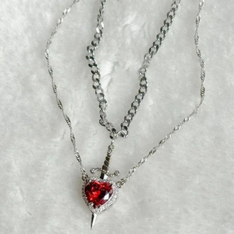 Layered Sword &amp; Heart Necklace Ruby Red Gemstone Pendant for Women