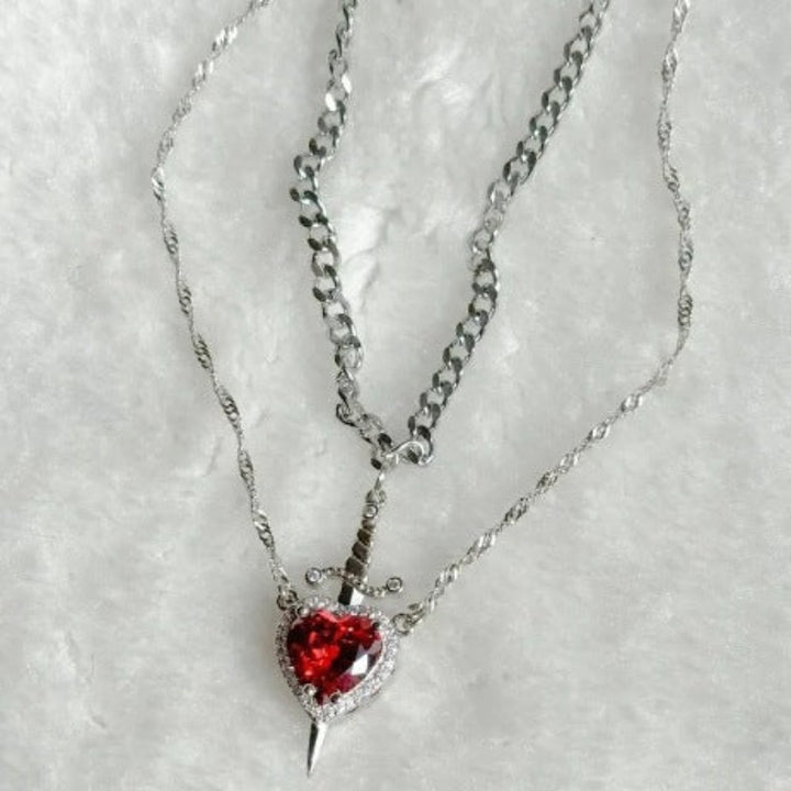 Layered Sword &amp; Heart Necklace Ruby Red Gemstone Pendant for Women