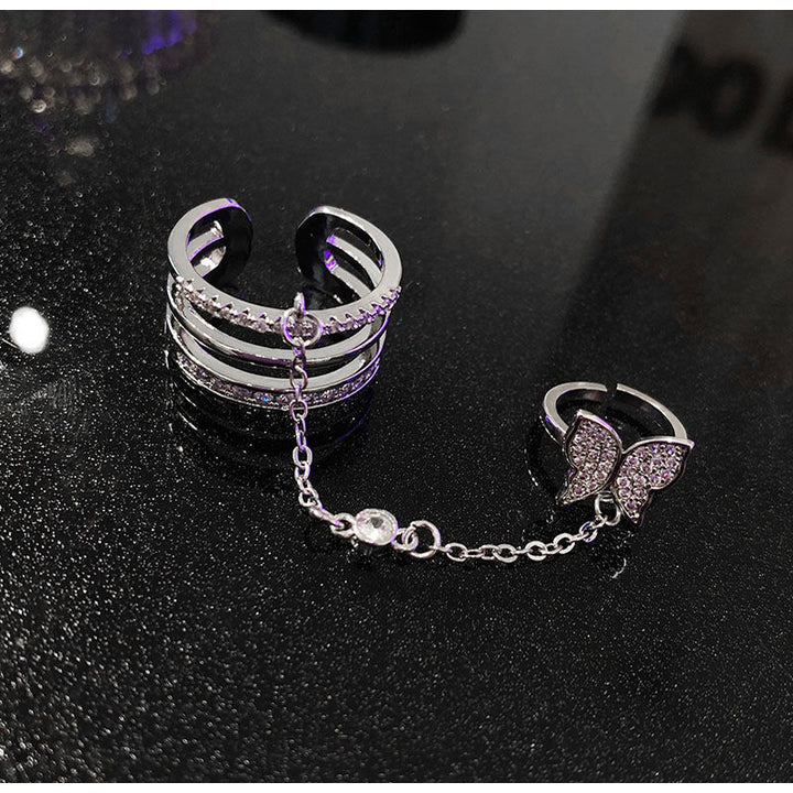 Butterfly Linked Ring Set Crystal Double Finger Chain Ring