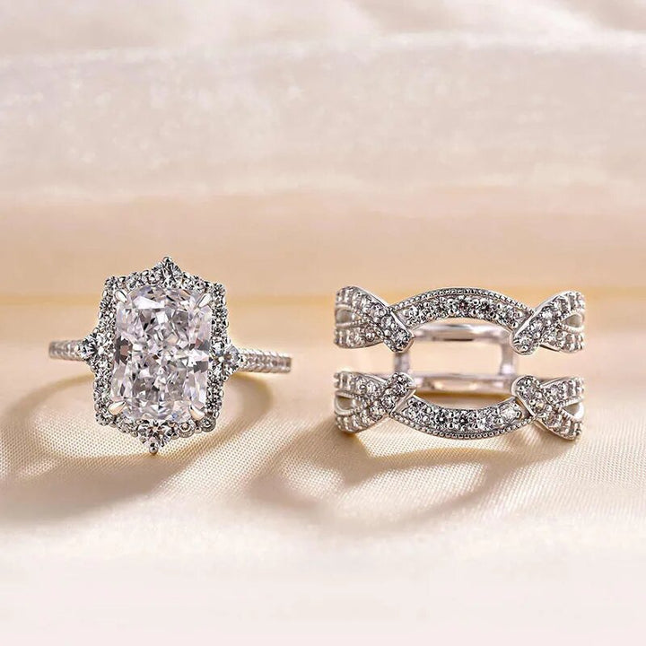 S925 Sterling Silver Radiant Cut Diamond Two Piece Bridal Ring Set For Women