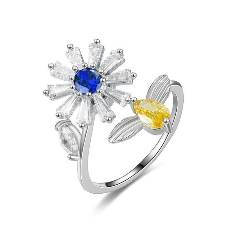 Floral &amp; Symbolic Open Adjustable Ring Collection Sunflower Evil Eye Rabbit Diamond Jewelry for Women
