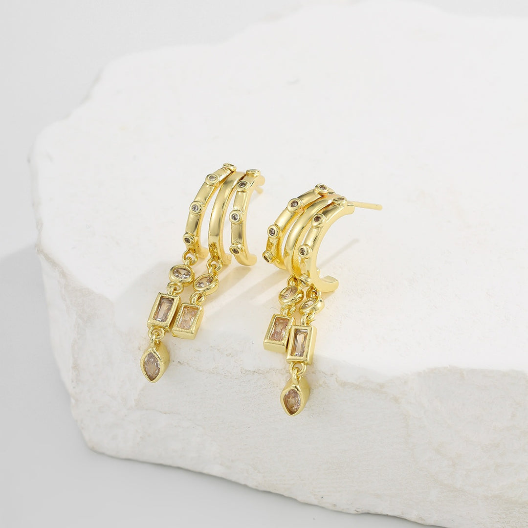 Layered C-Shaped Drop Earrings - Geometric Diamond Chandelier Earrings for Women