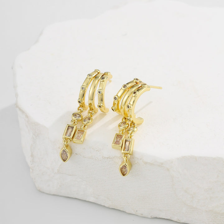 Layered C-Shaped Drop Earrings - Geometric Diamond Chandelier Earrings for Women