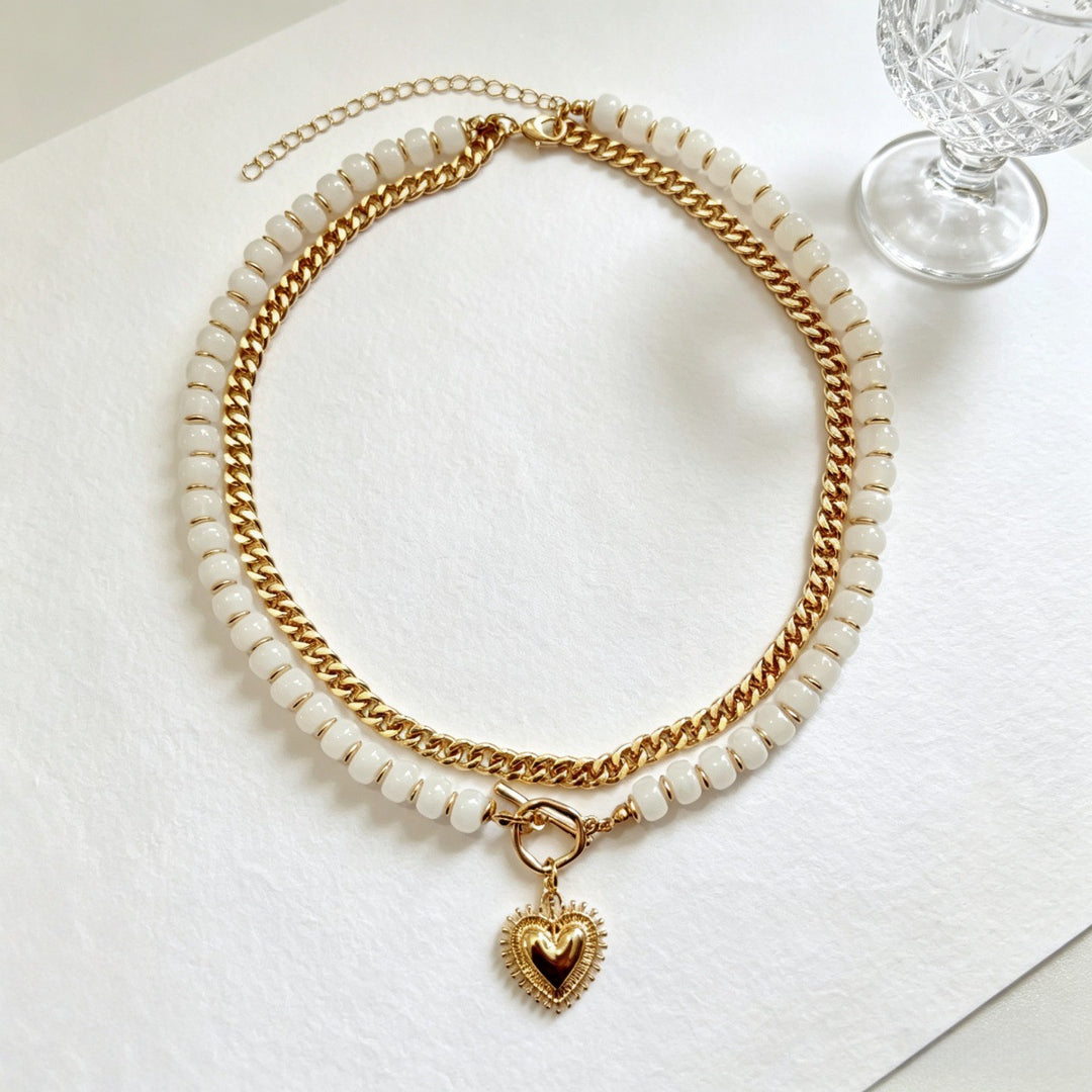 Colorful Beaded Double Layer Heart Pendant Choker Necklace Boho OT Clasp Collar for Women