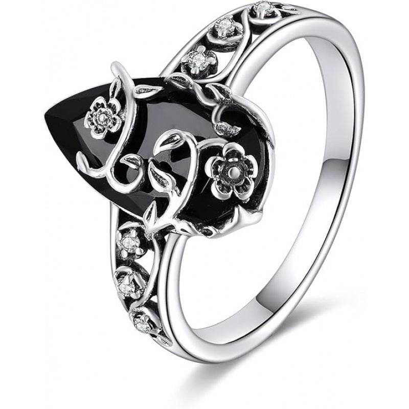 Vintage Teardrop Black Onyx Floral Ring Sterling Silver Antique Style Ring for Women