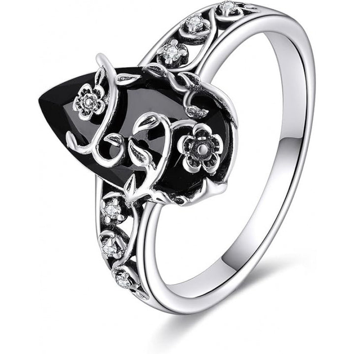 Vintage Teardrop Black Onyx Floral Ring Sterling Silver Antique Style Ring for Women
