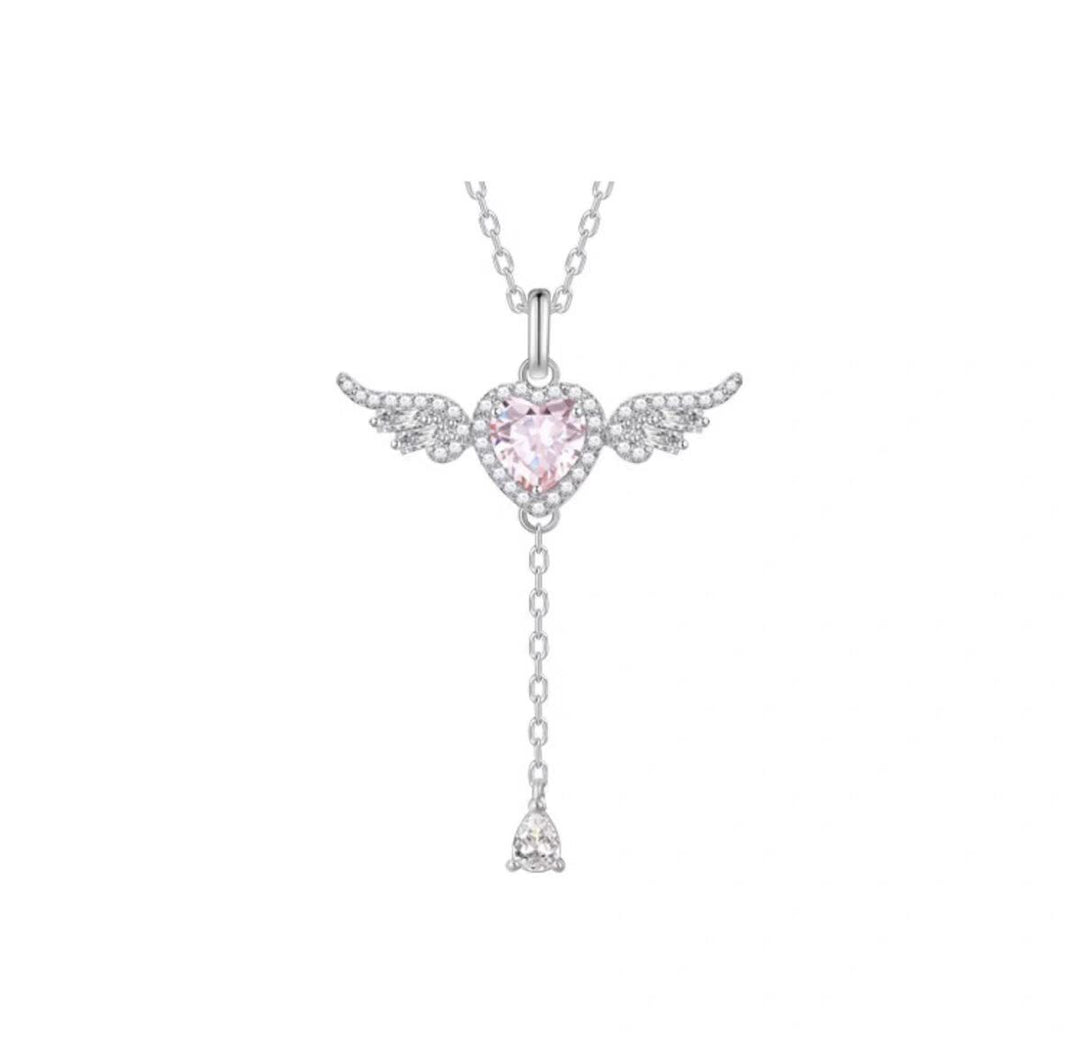 Pink Heart Wing Lariat Necklace - Sparkling Angel Y-Diamond Necklace for Women