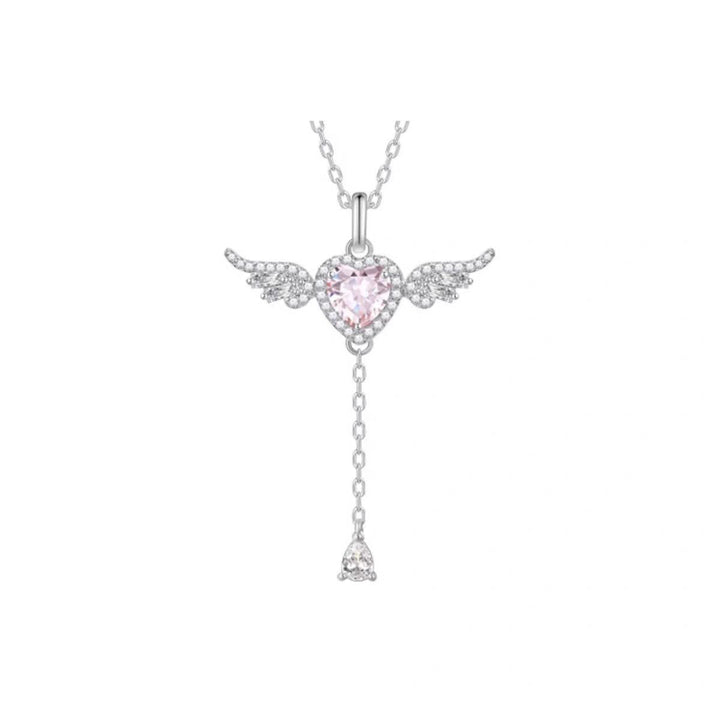 Pink Heart Wing Lariat Necklace - Sparkling Angel Y-Diamond Necklace for Women