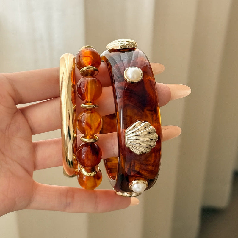 Metal Resin Marbled Shell Open Cuff Bracelet