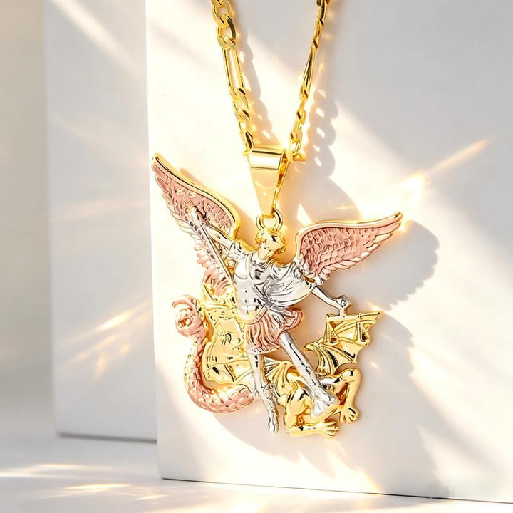 Saint Michael &amp; Cross Diamond Pendant Necklace Figaro Chain Religious Jewelry for Men