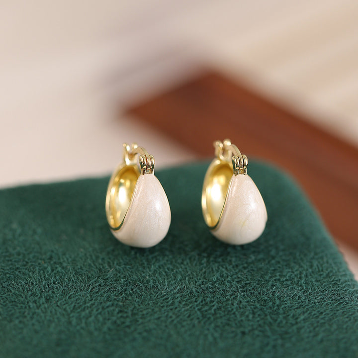 Cream Enamel Teardrop Hoop Earrings Sterling Silver Post