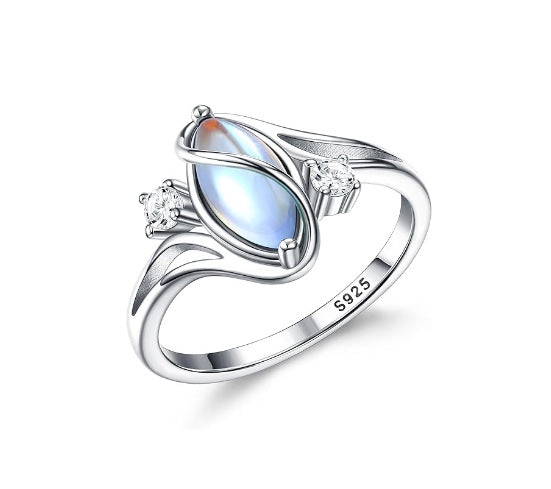 S925 Sterling Silver Marquise Moonstone Ring With Diamond Accents Twisted Wave Band Ring For Women