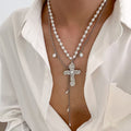 Vintage Layered Pearl Cross Necklace