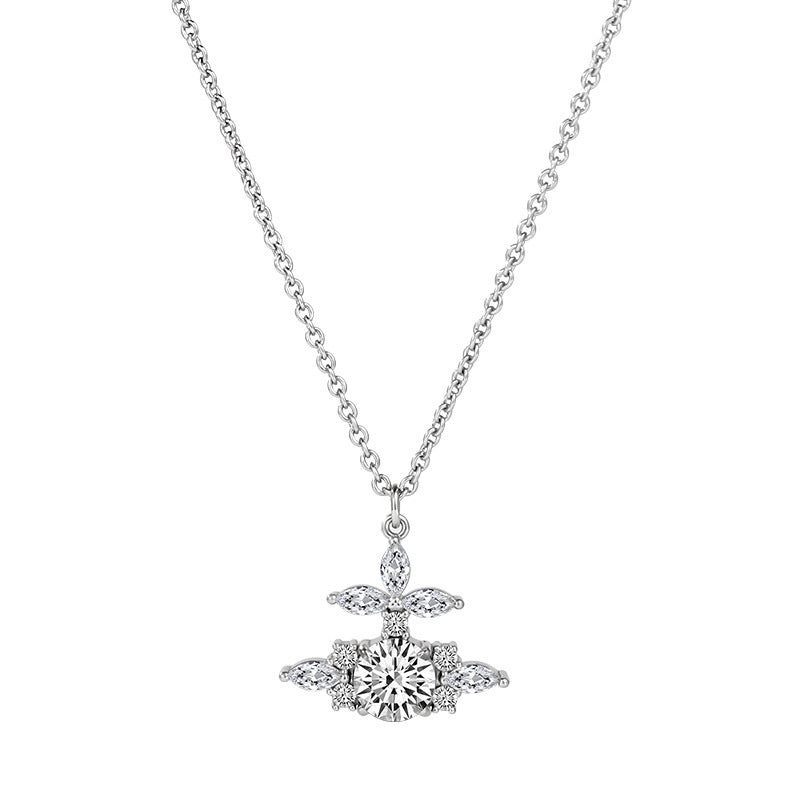 Diamond-Encrusted Saturn Pendant Necklace, Minimalist Collarbone Chain