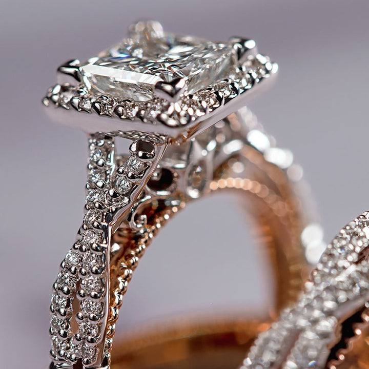 Princess Cut Halo Bridal Ring Set 14K Gold Diamond Wedding Trio