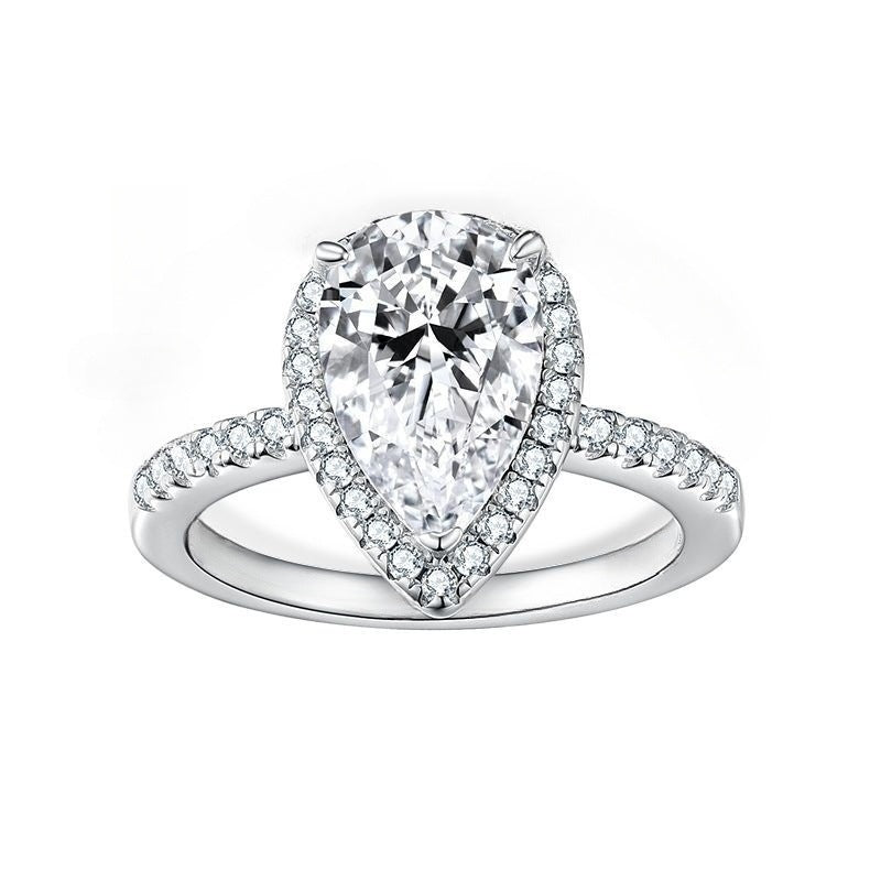 Pear Cut Halo Diamond Ring with 925 Sterling Silver