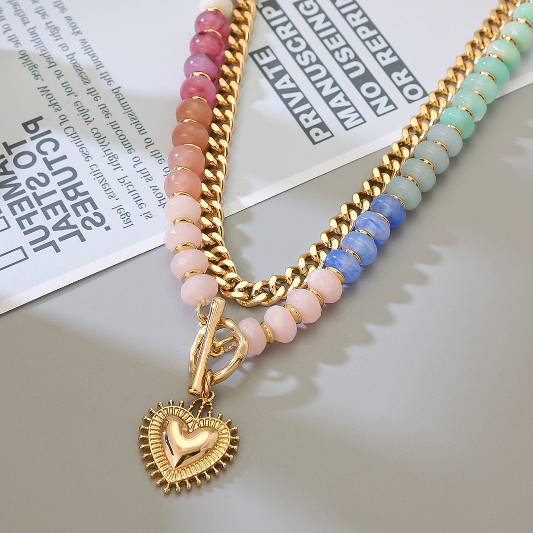 Colorful Beaded Double Layer Heart Pendant Choker Necklace Boho OT Clasp Collar for Women