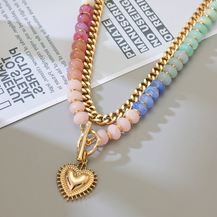 Colorful Beaded Double Layer Heart Pendant Choker Necklace Boho OT Clasp Collar for Women