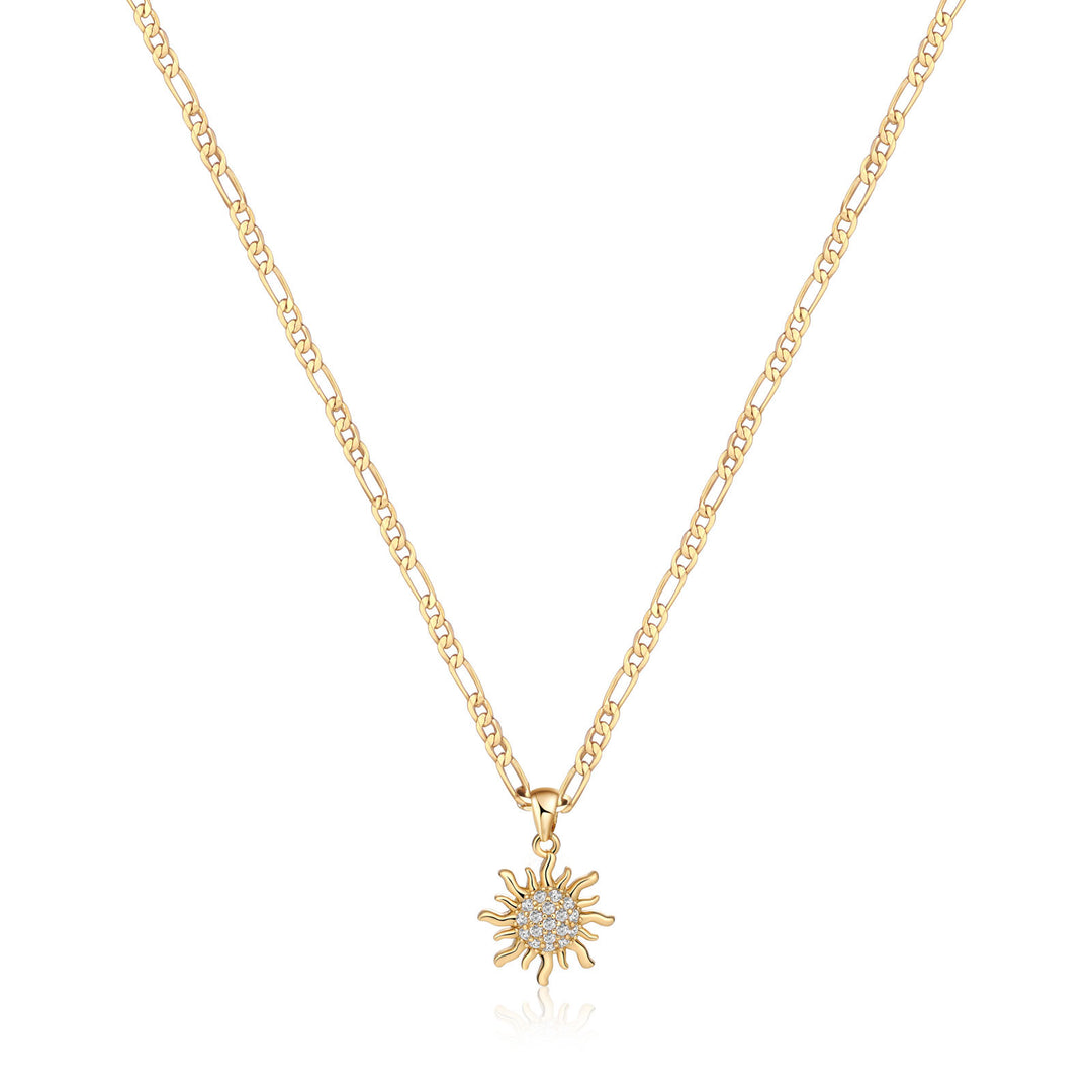 Minimalist Natural Diamond Sun Pendant Necklace S925 Sterling Silver Figaro Chain Fine Jewelry