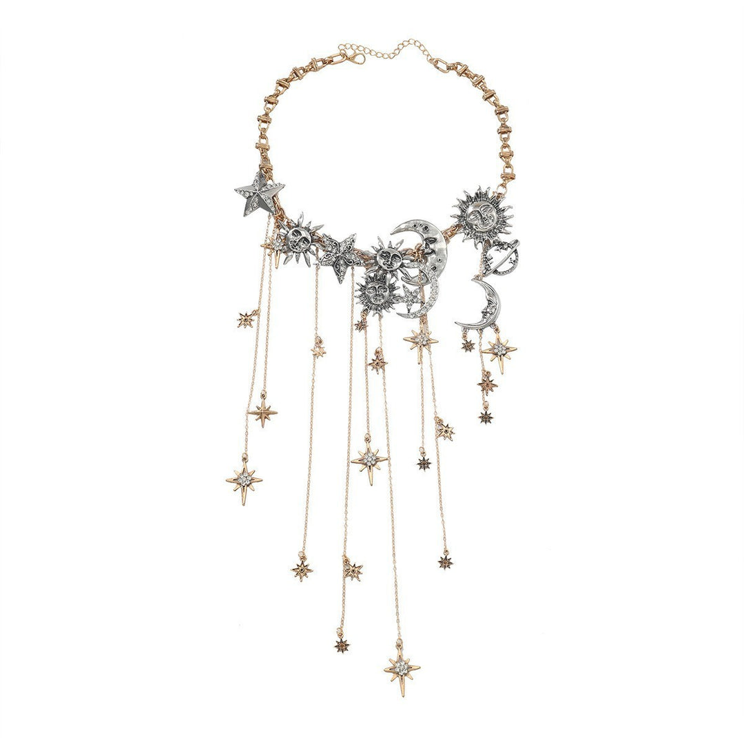 Celestial Sun Moon Star Fringe Necklace Two-Tone Crystal Statement Jewelry for Women