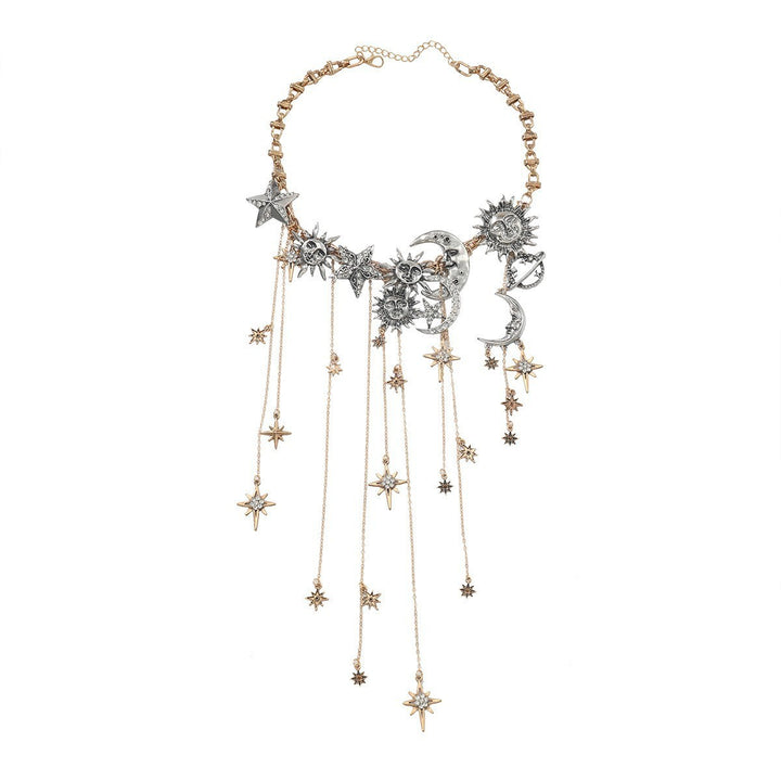 Celestial Sun Moon Star Fringe Necklace Two-Tone Crystal Statement Jewelry for Women