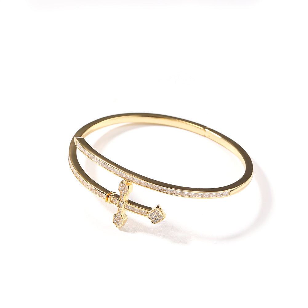 Minimalist Cross Cubic Diamond Open Bangle Bracelet