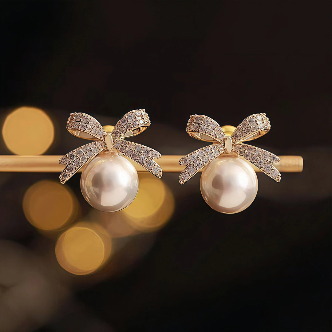 Crystal Bow Pearl Stud Earrings Sterling Silver