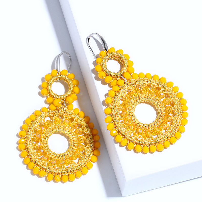 Boho Double Circle Beaded Drop Earrings Colorful Handwoven Statement Earrings for Women