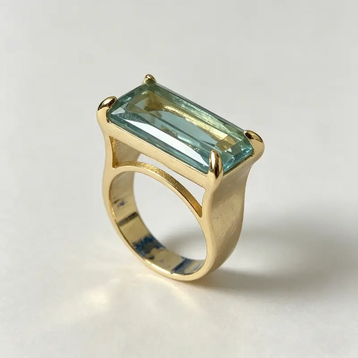Rectangular Aquamarine Tone Gemstone Ring Four Prong Setting Solid Silver 18K Gold Finish Statement Ring For Women