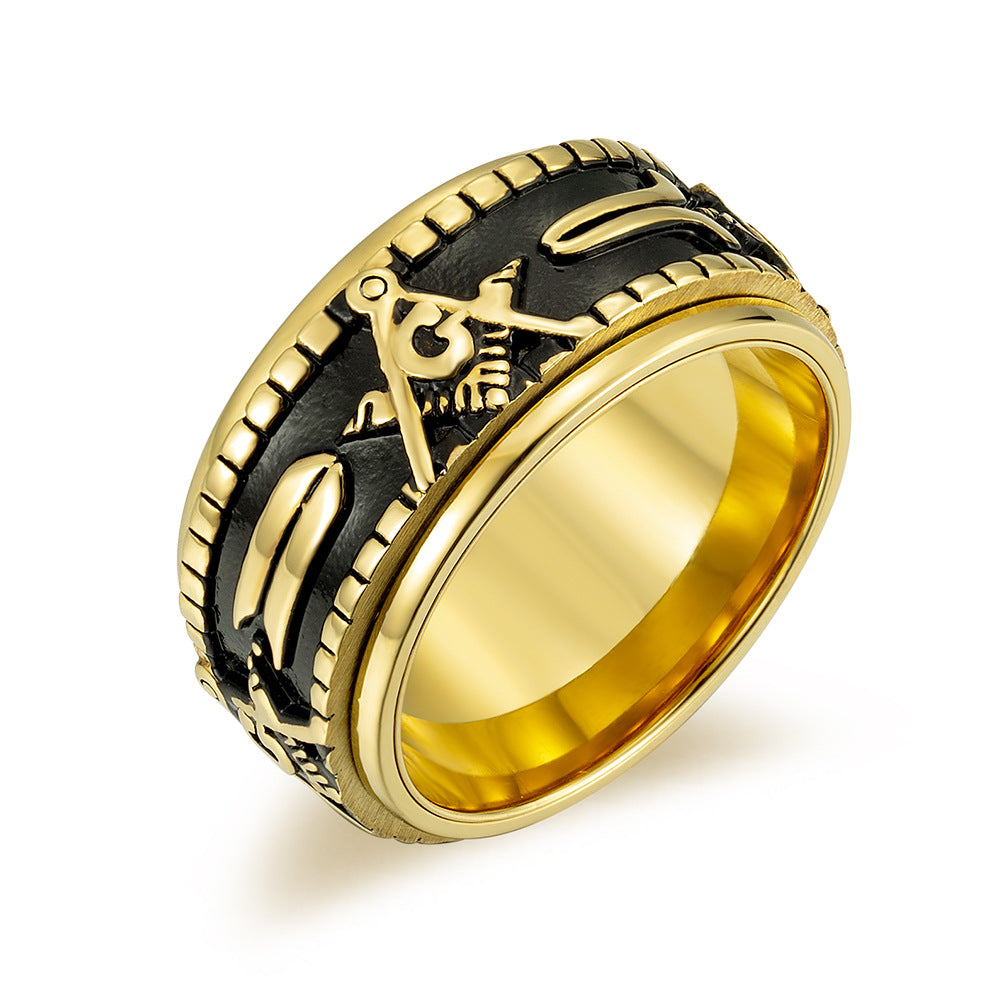 Vintage Freemason Rotatable Spinner Ring, Titanium Steel