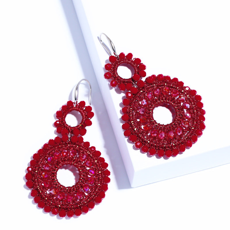 Boho Double Circle Beaded Drop Earrings Colorful Handwoven Statement Earrings for Women