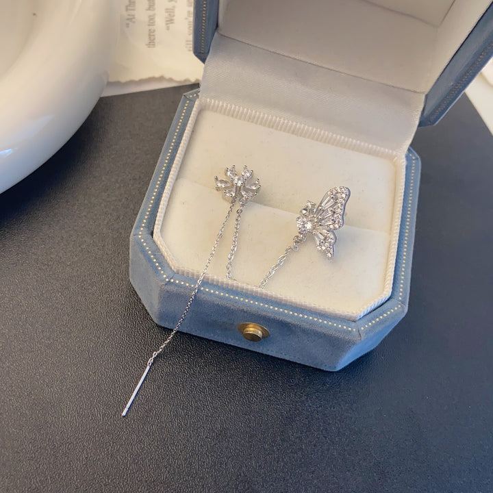 Minimalist Butterfly & Flower Chain Earring S925 Sterling Silver Diamond Dangle Jewelry