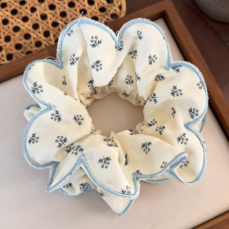 Cream Floral Lace Scrunchie Set Blue Trim Hair Ties