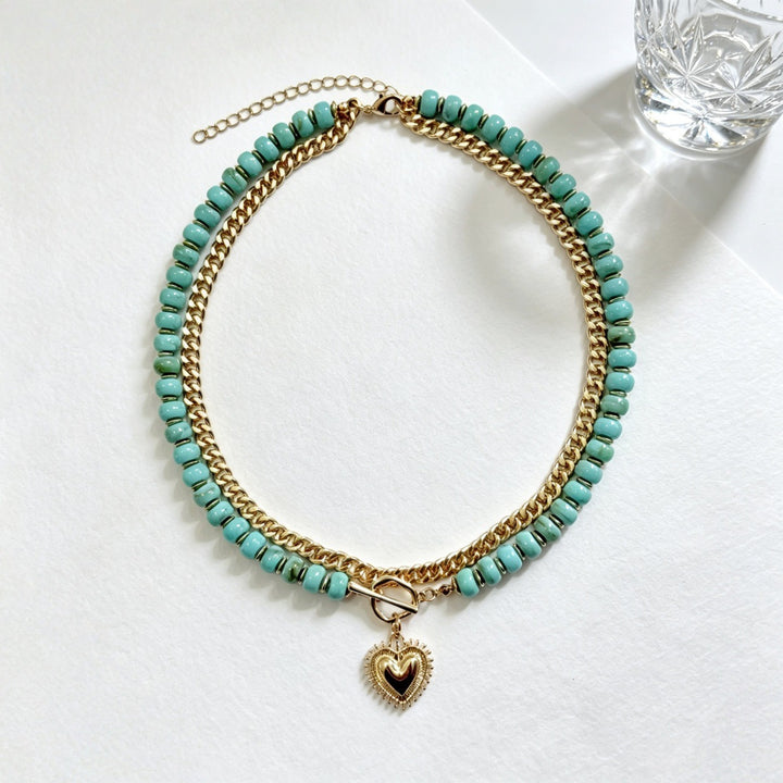 Colorful Beaded Double Layer Heart Pendant Choker Necklace Boho OT Clasp Collar for Women