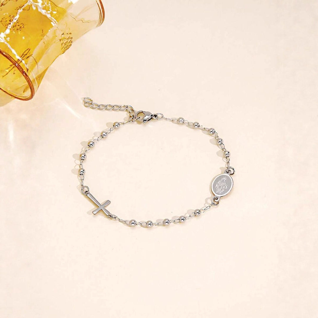 Cross & Medal Beaded Bracelet in 14K Gold