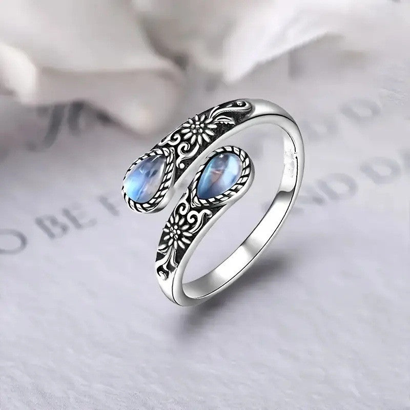 S925 Silver Two Stone Bypass Open Ring Moonstone Onyx Vintage Carved Adjustable Ring