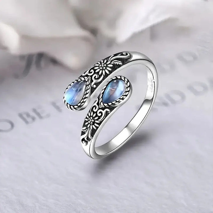 S925 Silver Two Stone Bypass Open Ring Moonstone Onyx Vintage Carved Adjustable Ring