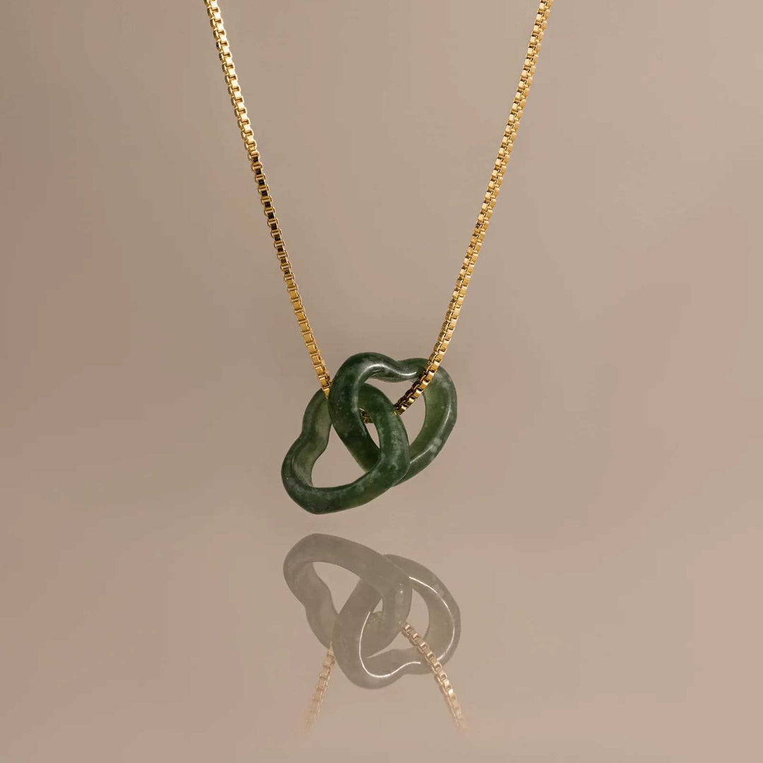 Natural Jade Interlocking Heart Necklace Minimalist Gemstone Pendant Necklace
