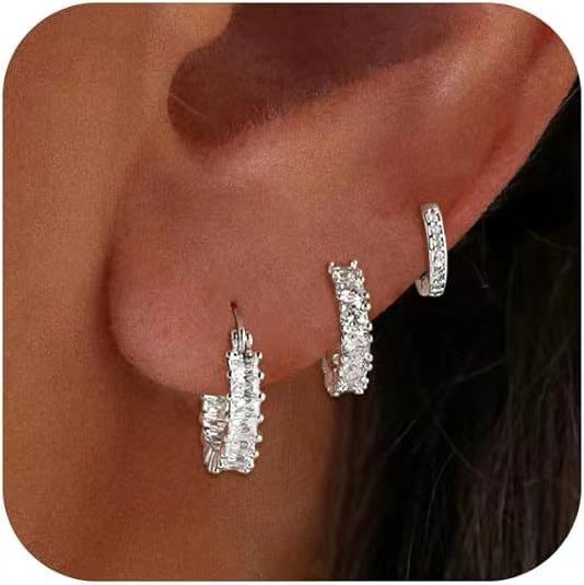 3-Piece Crystal Hoop Earring Set Titanium Steel Stackable Huggie Earrings