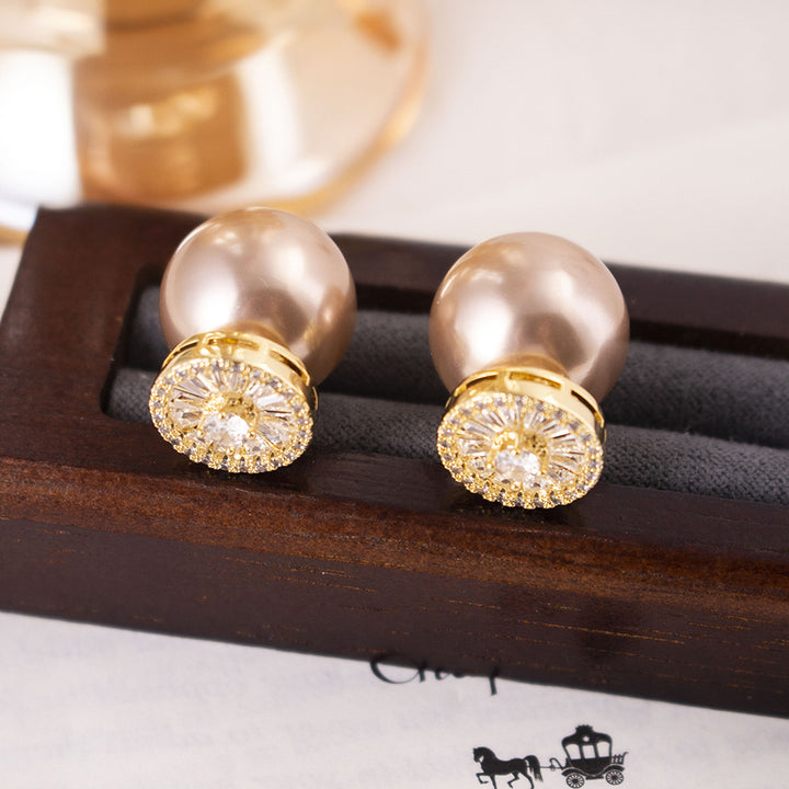 S925 Sterling Silver Double Sided Pearl Stud Earrings With Diamond For Women